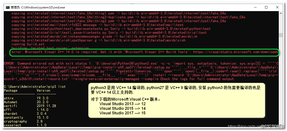 Python3 Pip安装包时报错error Microsoft Visual C 14 0 Is Required 解决办法 学亮编程手记的技术博客 51cto博客