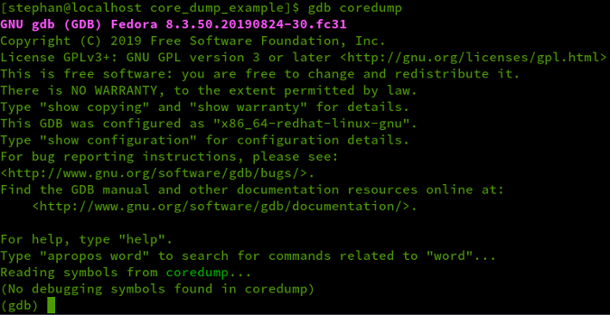 gdb coredump output