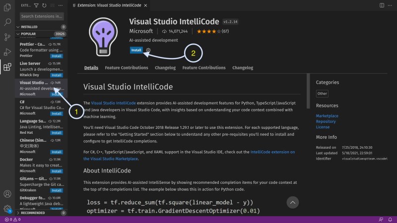 如何安装 Visual Studio IntelliCode 等扩展