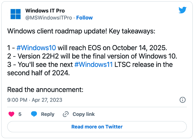微软：不再发布新版本Windows