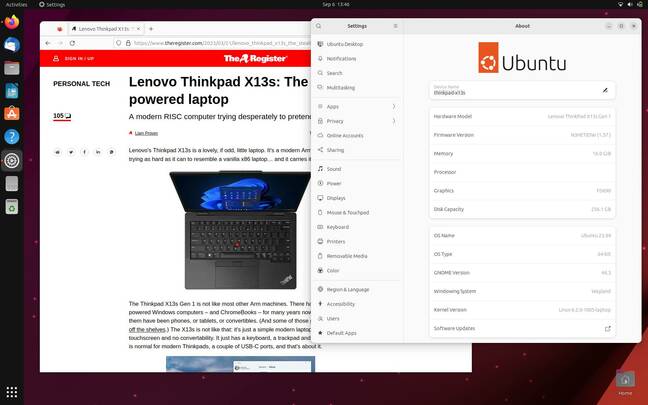 随着最新固件和更新的支持，现在已经能在基于 Arm 的 Thinkpad 上使用 Ubuntu Lunar 的 GNOME 桌面环境。