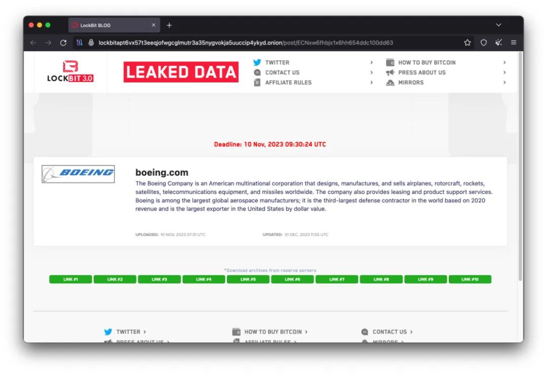 LockBit勒索软件的网站向波音公司勒索赎金