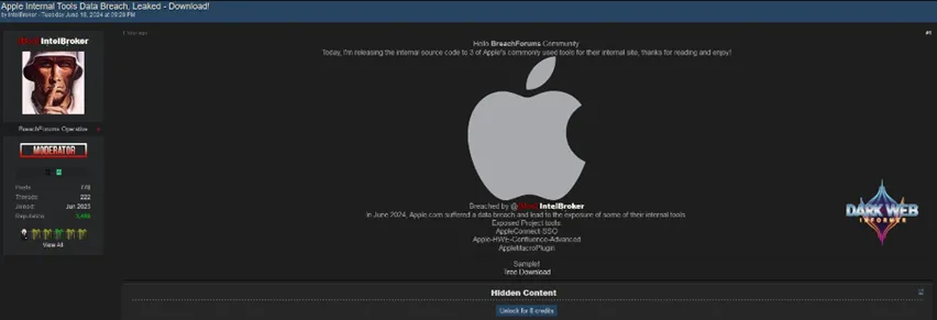 黑客在暗网发布苹果公司的产品源代码
