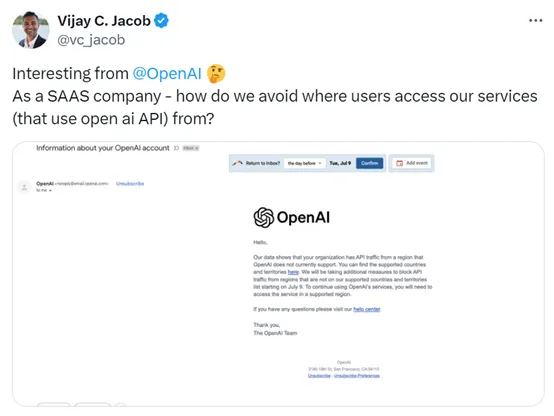 突发！OpenAI停止不支持国家API，7月9日开始执行-AI.x社区